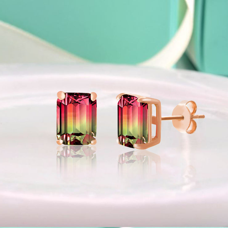 Emerald Cut Simulated Watermelon Tourmaline and Cubic Zirconia Stud Earring in Rose Gold Plated Sterling Silver