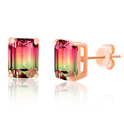Emerald Cut Prong Set Simulated Watermelon Tourmaline and Round Cubic Zirconia Stud Bridal Earring for Women in Rose Gold Plated 925 Sterling Silver