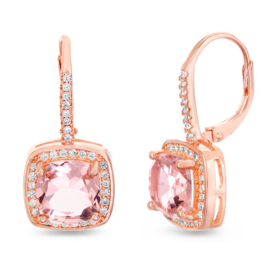 Cushion Shaped Prong Set Simulated Morganite and Cubic Zirconia Drop Dangle Bridal Leverback Halo Earring for Women in Rose Gold Plated 925 Sterling Silver