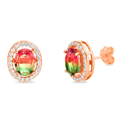 Simulated Watermelon Tourmaline and Cubic Zirconia Oval Stud Earrings in Rose Gold Plated Sterling Silver