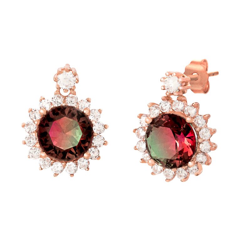 Simulated Watermelon Tourmaline and Cubic Zirconia Drop Earrings in Rose Gold Plated Sterling Silver