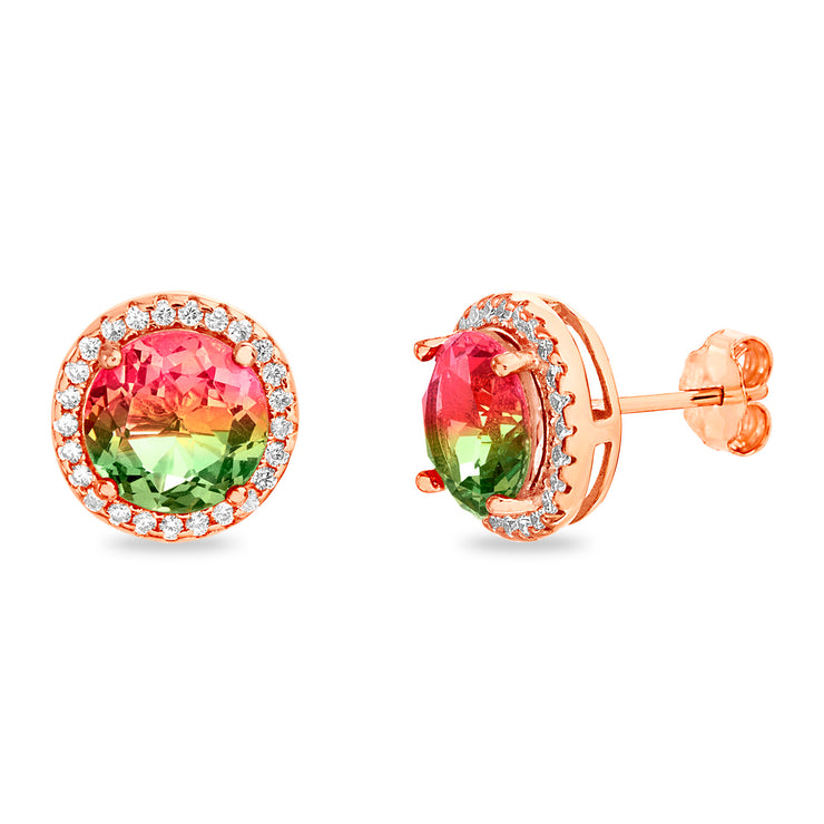 Simulated Watermelon Tourmaline and Cubic Zirconia Round Stud Earrings in Rose Gold Plated Sterling Silver