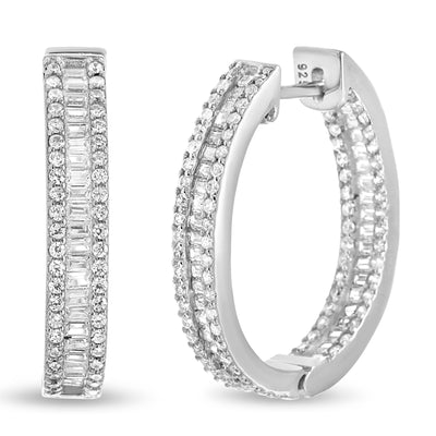 Simulated Diamond Baguette Inside Outside Hoop Earrings in Rhodium Plated Sterling Silver