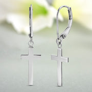 Dangling Cross Lever Back Earrings in Rhodium Plated Sterling Silver