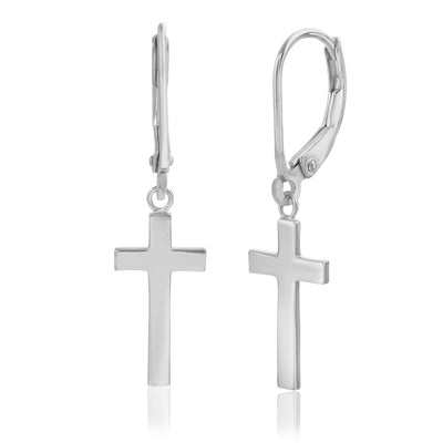 Dangling Cross Lever Back Earrings in Rhodium Plated Sterling Silver