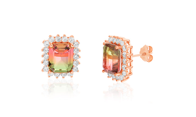 Emerald Cut Simulated Watermelon Tourmaline and Cubic Zirconia Stud Earrings in Rose Gold Plated Sterling Silver