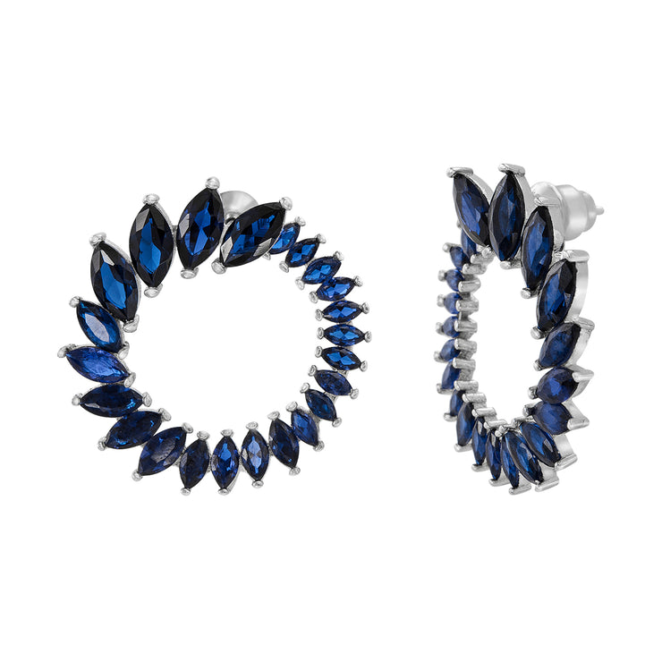 Simulated Blue Sapphire Circle Earrings in Rhodium Plated Sterling Silver