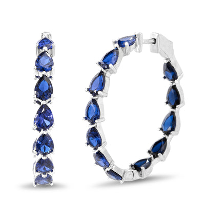 Pear Shaped Prong Set Simulated Blue Sapphire Large Inside Outside Bridal Hoop Earring for Women in Rhodium Plated 925 Sterling Silver