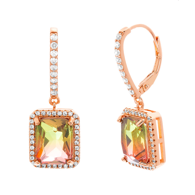 Simulated Watermelon Tourmaline and Cubic Zirconia Dangle Leverback Earrings in Rose Gold Plated Sterling Silver