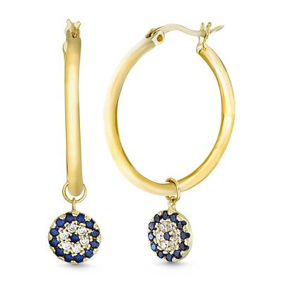 Cubic Zirconia Evil Eye Dangling Charm Hoop Earrings in Yellow Gold Plated Sterling Silver