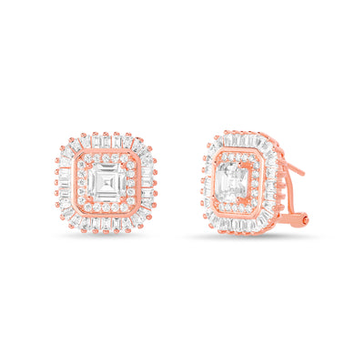 Square Emerald and Round Prong Set Cubic Zirconia Ballerina Stud Bridal Halo Earring for Women with Omega Back in Rose Gold Plated 925 Sterling Silver