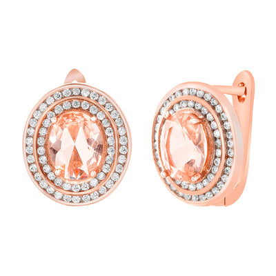 Simulated Morganite and Cubic Zirconia Oval Earrings in Rose Gold Plated Sterling Silver