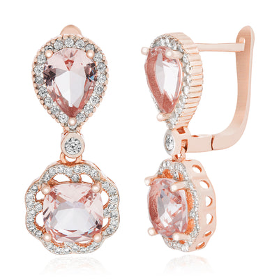 Simulated Morganite and Cubic Zirconia Dangle Earrings in Rose Gold Plated Sterling Silver