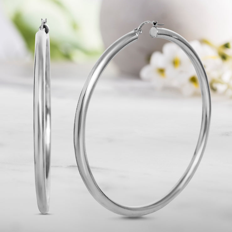 Rhodium Plated Sterling Silver Tube Hoop Earrings