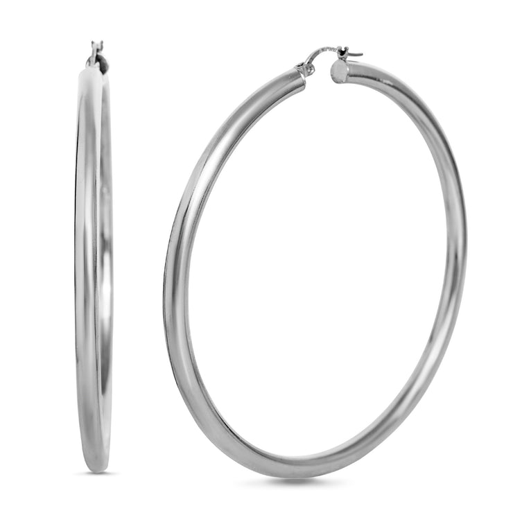 Rhodium Plated Sterling Silver Tube Hoop Earrings