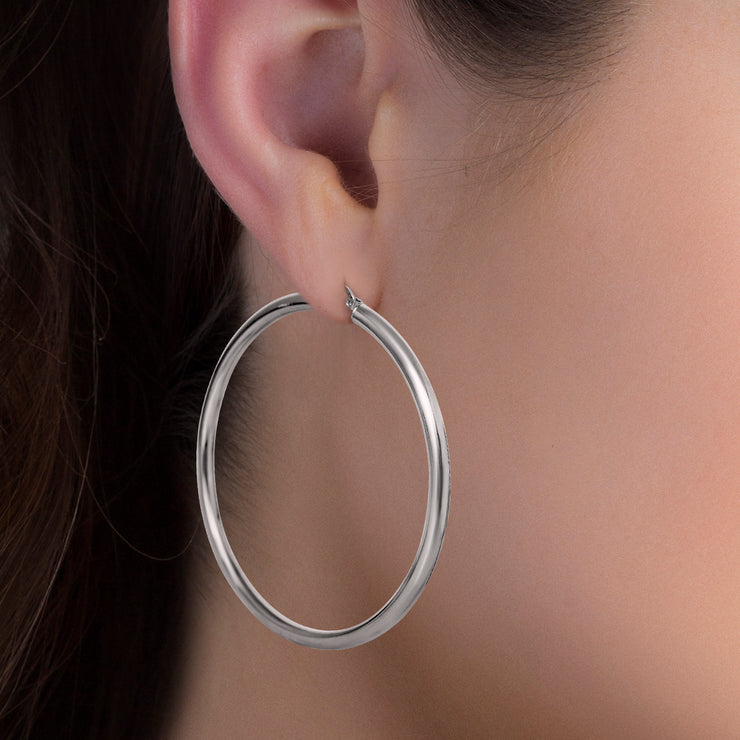 Rhodium Plated Sterling Silver Tube Hoop Earrings