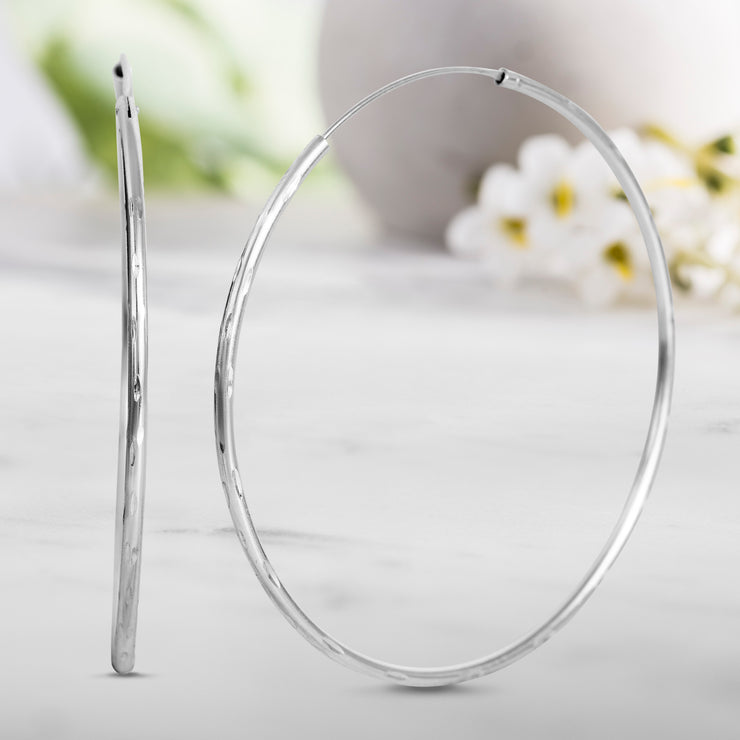 Sterling Silver 60mm Hammered Design Endless Hoop Earrings