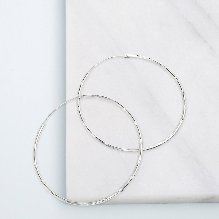Sterling Silver 60mm Hammered Design Endless Hoop Earrings