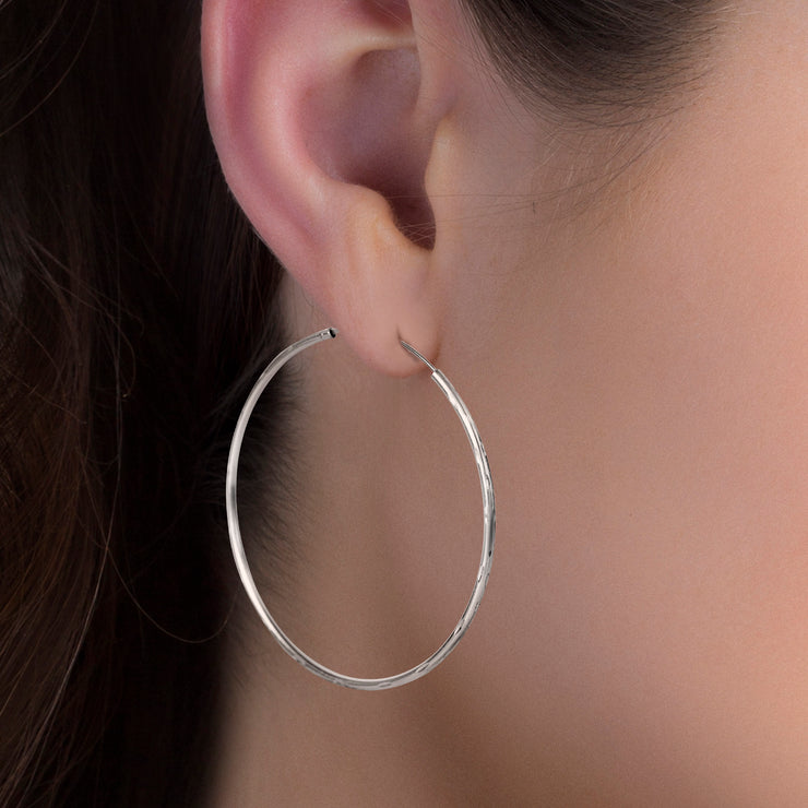 Sterling Silver 60mm Hammered Design Endless Hoop Earrings
