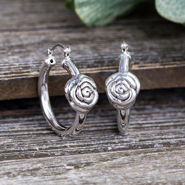 Rose Charm Hoop Earrings in Rhodium Plated Sterling Silver