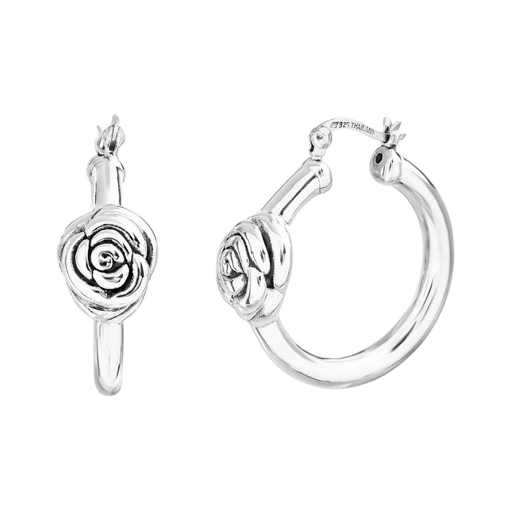 Rose Charm Hoop Earrings in Rhodium Plated Sterling Silver