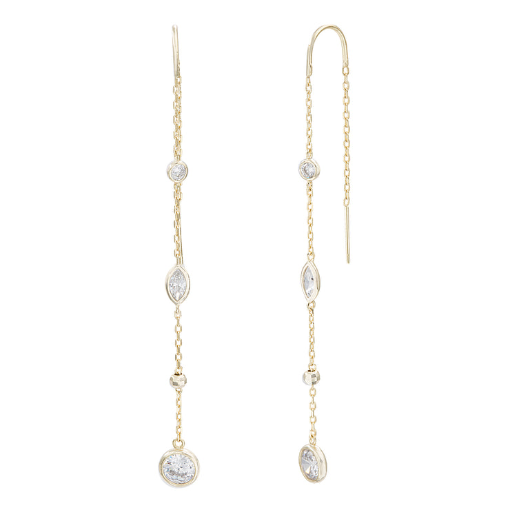 Cubic Zirconia Bezel Set Drop Linear Dangle Threader Earrings in Sterling Silver