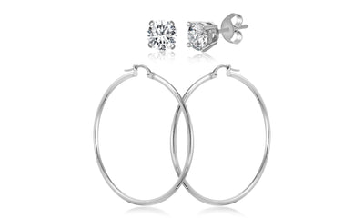 5mm Cubic Zirconia Stud and 50mm Hoop Earring Set in Sterling Silver