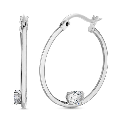 Cubic Zirconia Rhodium Plated Sterling Silver 25mm Tube Hoop Earrings