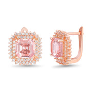 Square Emerald and Round Prong Set Simulated Morganite and Cubic Zirconia Stud Bridal Halo Earring for Women in Rose Gold Plated 925 Sterling Silver