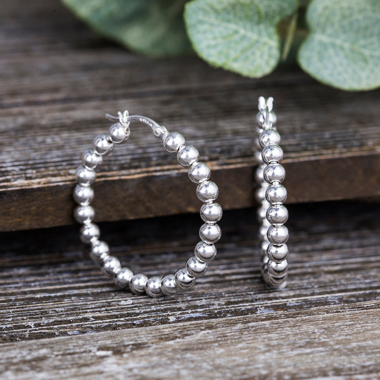 Beaded Ball Hoop Earrings in Sterling Silver