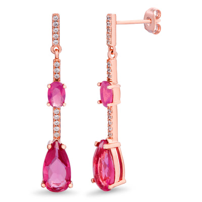 Pear and Round Shaped Prong Set Simulated Tourmaline and Cubic Zirconia Linear Drop Dangle Bridal Earring for Women in Rose Gold Plated 925 Sterling Silver