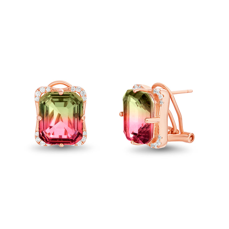 Emerald Cut Prong Set Simulated Watermelon Tourmaline and Round Cubic Zirconia Stud Bridal Earring for Women with Omega Back in Rose Gold Plated 925 Sterling Silver