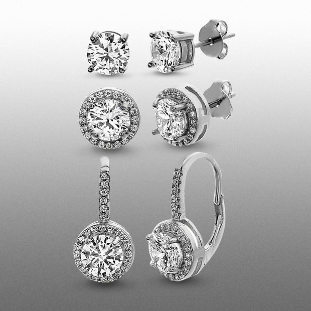 6mm Cubic Zirconia Stud/Halo/Lever Back Trio Earring Set in Rhodium Plated Sterling Silver