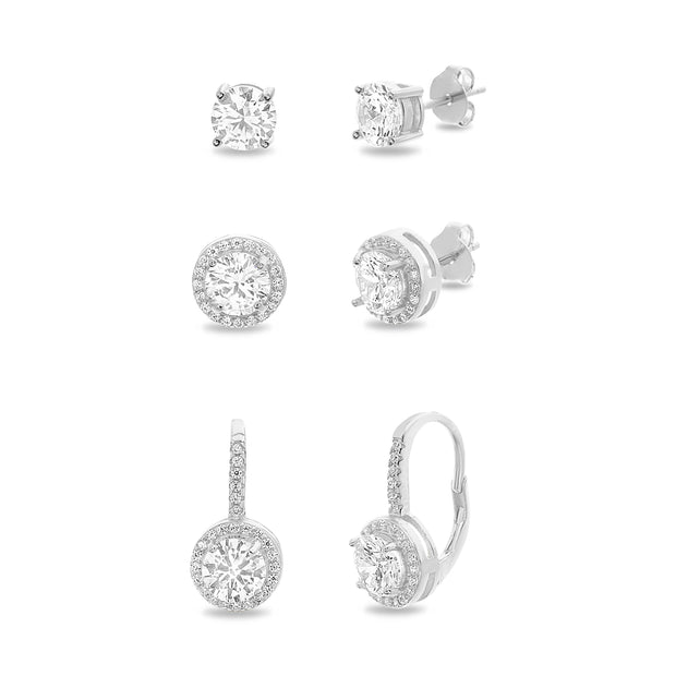 6mm Cubic Zirconia Stud/Halo/Lever Back Trio Earring Set in Rhodium Plated Sterling Silver