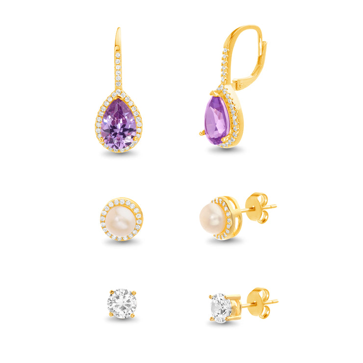 Pear and Round Shaped Cubic Zirconia Stud and Leverback Earring Set in Yellow Gold Plated Silver