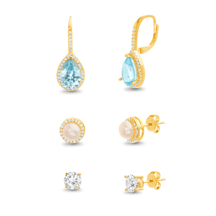 Pear and Round Shaped Cubic Zirconia Stud and Leverback Earring Set in Yellow Gold Plated Silver