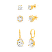 Pear and Round Shaped Prong Set Cubic Zirconia Halo Style Stud and Leverback Bridal Earring Set for Women in Yellow Gold Plated 925 Sterling Silver