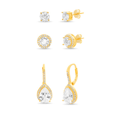 Pear and Round Shaped Prong Set Cubic Zirconia Halo Style Stud and Leverback Bridal Earring Set for Women in Yellow Gold Plated 925 Sterling Silver
