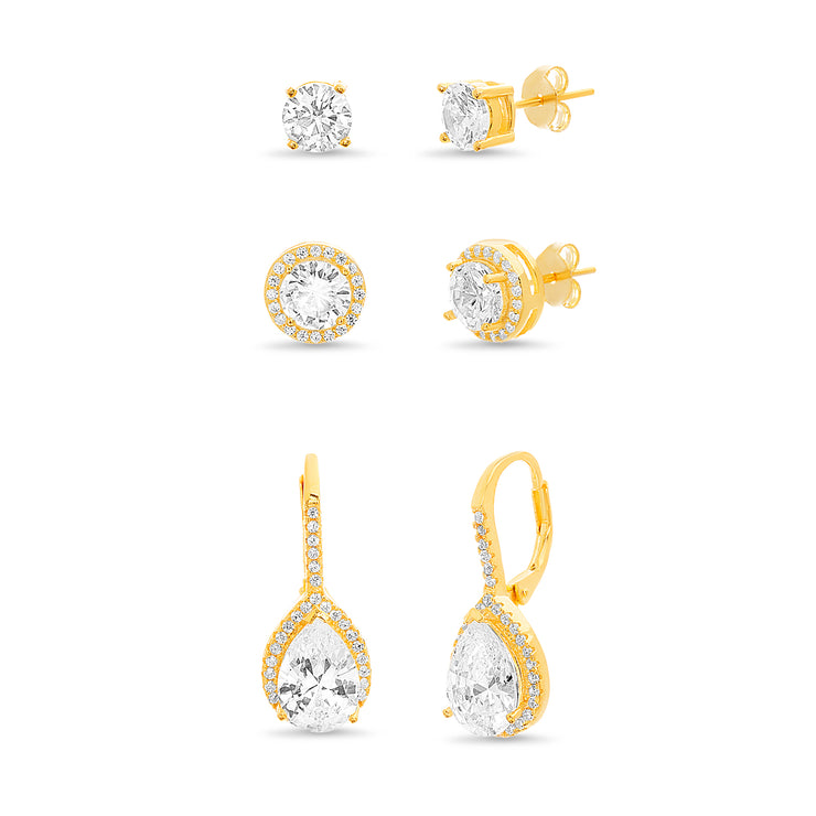 Pear and Round Shaped Prong Set Cubic Zirconia Halo Style Stud and Leverback Bridal Earring Set for Women in Yellow Gold Plated 925 Sterling Silver