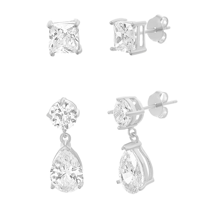 Cubic Zirconia Stud and Drop Earring Set in Sterling Silver