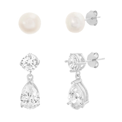 Cultured Freshwater Pearl and Cubic Zirconia Stud Earring Set in Rhodium Plated Sterling Silver