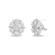 Oval and Round Cut Prong Set Cubic Zirconia Flower Shaped Stud Bridal Earring for Women  with Omega Back in Rhodium Plated 925 Sterling Silver
