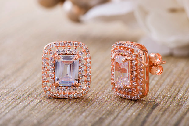 Emerald Cut Cubic Zirconia Stud  Halo Earring in Sterling Silver