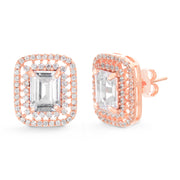 Emerald Cut Prong Set Cubic Zirconia Stud Bridal Halo Earring for Women in Rose Gold Plated 925 Sterling Silver