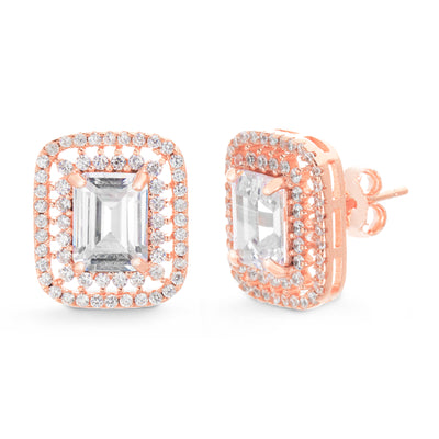 Emerald Cut Prong Set Cubic Zirconia Stud Bridal Halo Earring for Women in Rose Gold Plated 925 Sterling Silver