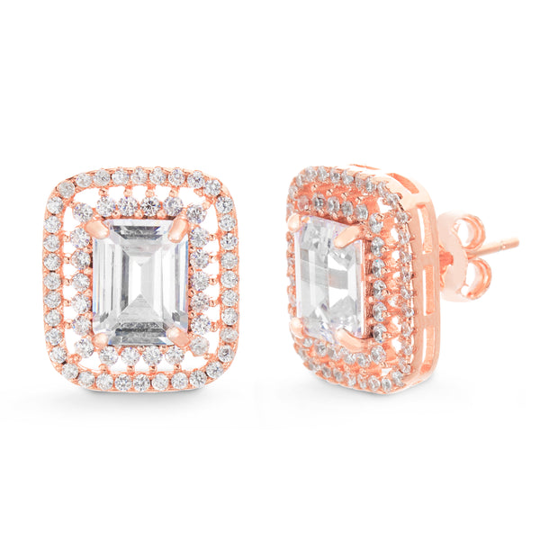 Emerald Cut Prong Set Cubic Zirconia Stud Bridal Halo Earring for Women in Rose Gold Plated 925 Sterling Silver