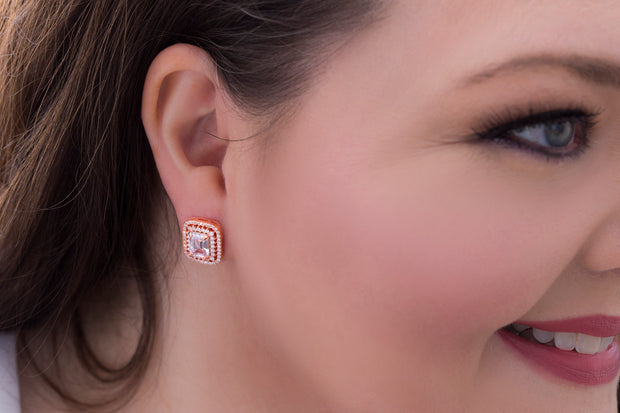 Emerald Cut Cubic Zirconia Stud  Halo Earring in Sterling Silver