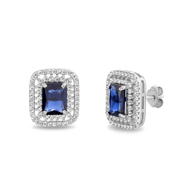 Emerald Cut Cubic Zirconia Stud  Halo Earring in Sterling Silver