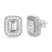 Emerald Cut Cubic Zirconia Stud  Halo Earring in Sterling Silver