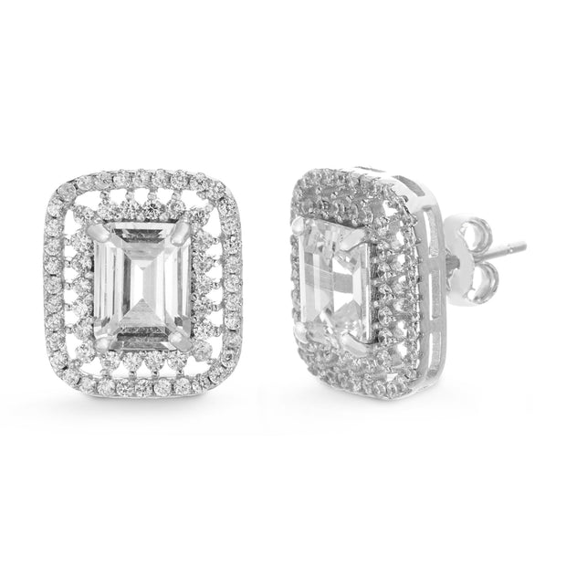 Emerald Cut Cubic Zirconia Stud  Halo Earring in Sterling Silver